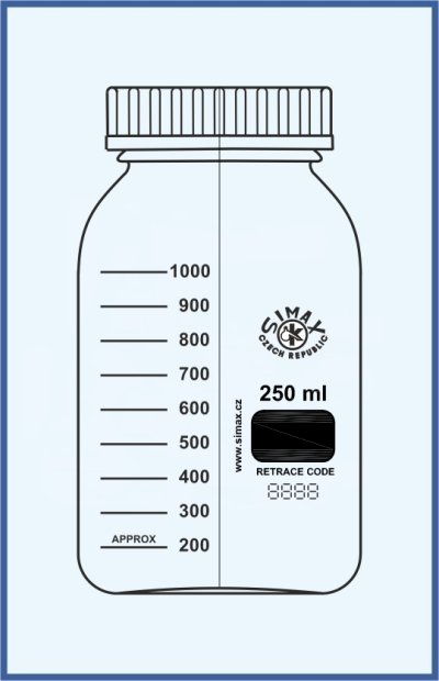 Reagenční lahev dle DIN - hranatá, s modrým uzávěrem odolným do 140°C - závit GL 80 - čiré sklo