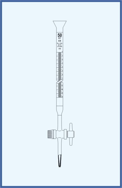 Bürette mit trichterförmiger Mündung, QUALICOLOR - mit Einweghahn - PTFE Küken, mit Schellbach-Streifen, Klasse AS