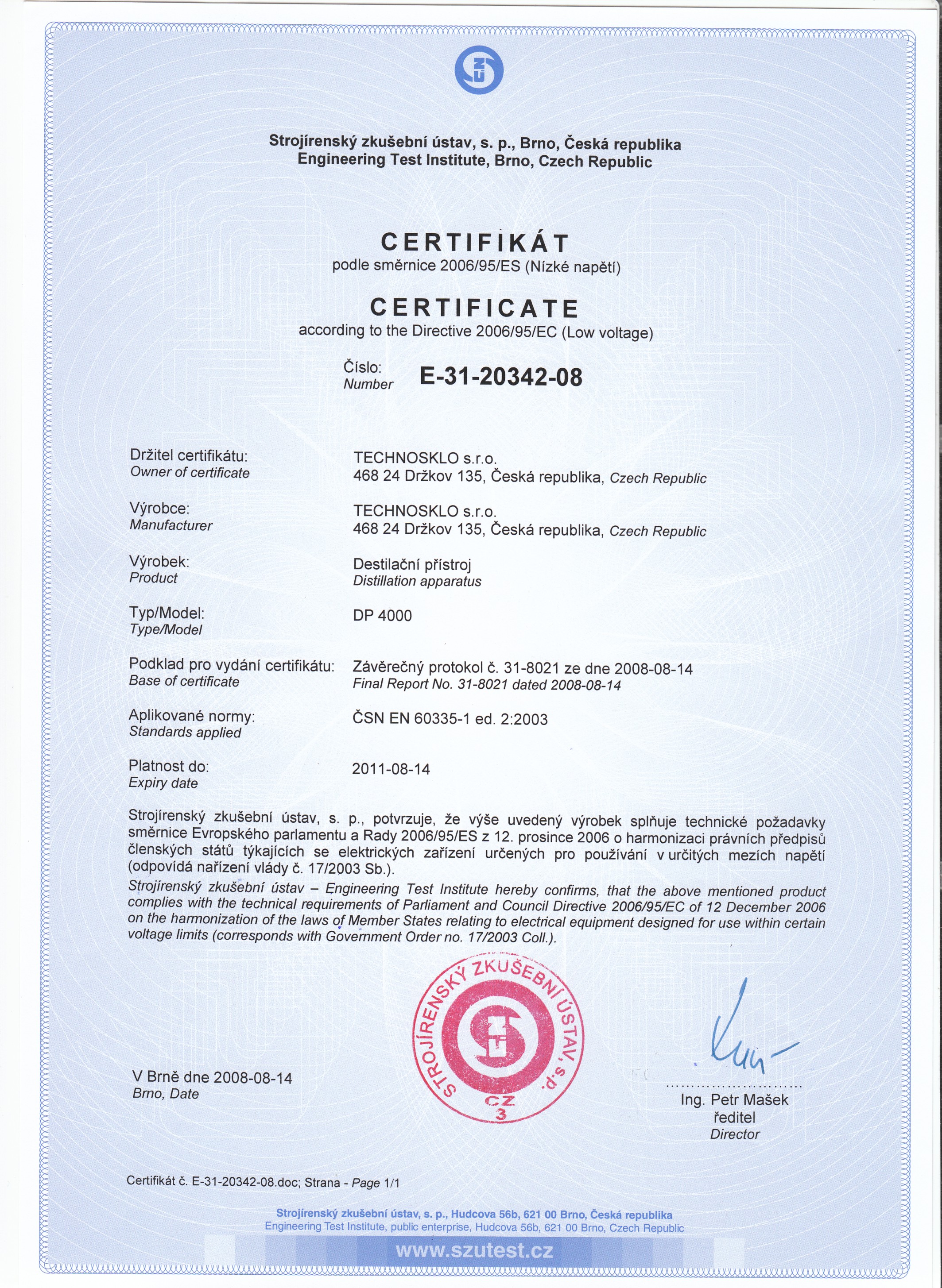 Certifikát podle směrnice 2009/95/ES